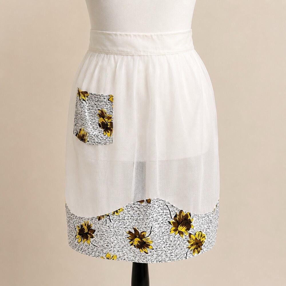 Vintage 1960s Organdy Hostess Apron Sunflower Retro Kitchen Decor